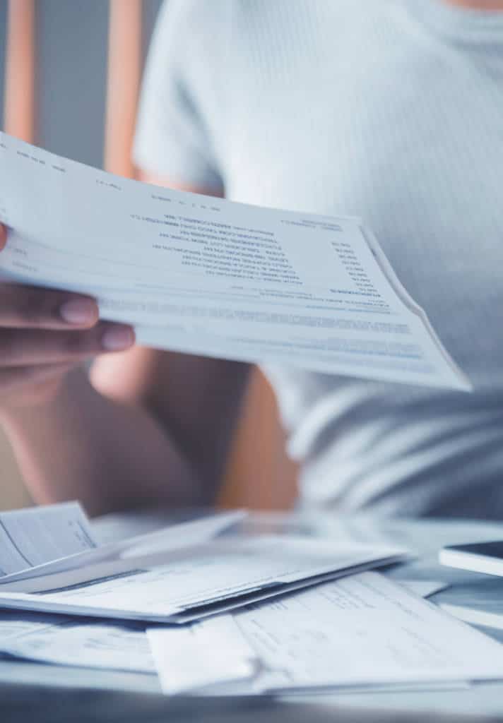 A woman looks through her pile of paperwork. 