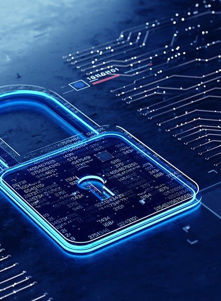A digitally rendered lock on a faux circuit board, an abstract display of what digital security is.