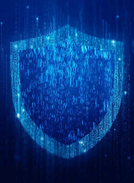 A 3D line rendering of a shield made up of blue binary code