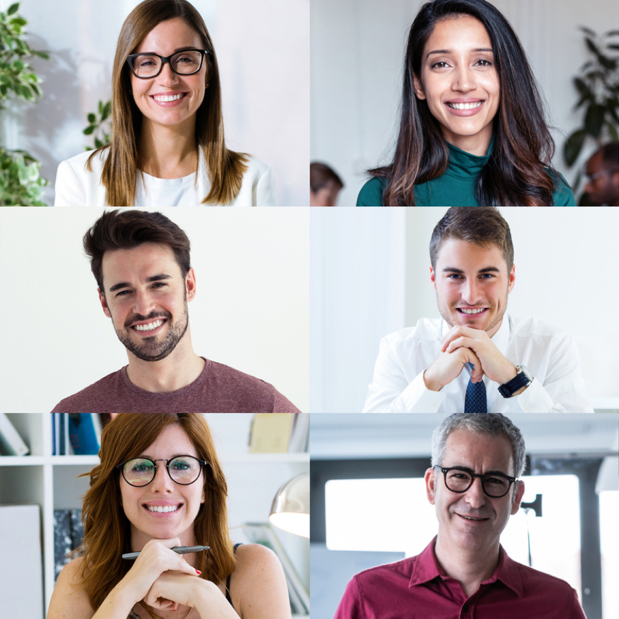 Headshots of six business people in a 3 by 2 grid