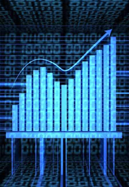 A bar graph made up of binary code with a blue and black color palette