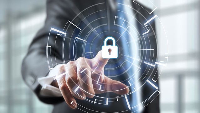 An image of a digitally added lock being pressed by a man as if it's a button.
