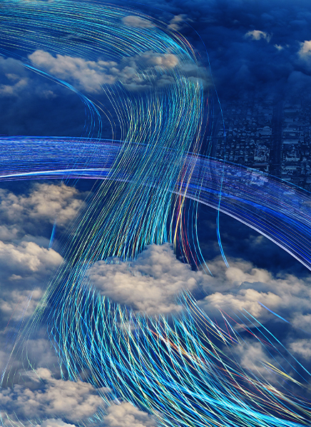 Digital representation of data moving through the air, stylized as strands of blue and green