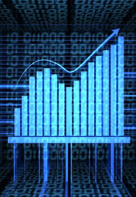 Light blue neon increasing bar graph with an arrow on top showing its path set in front of a coded background. 