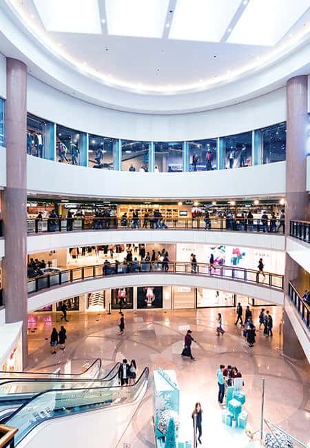 A wide portrait shot of a bustling and busy mall.