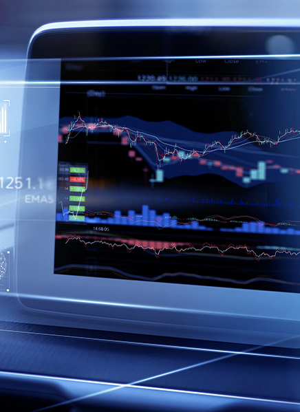 Digital representation of the stock market, a computer screen with multiple line graphs is present.