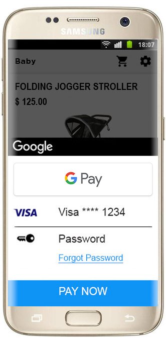 A buyer uses Google Pay to purchase the stroller off of their phone
