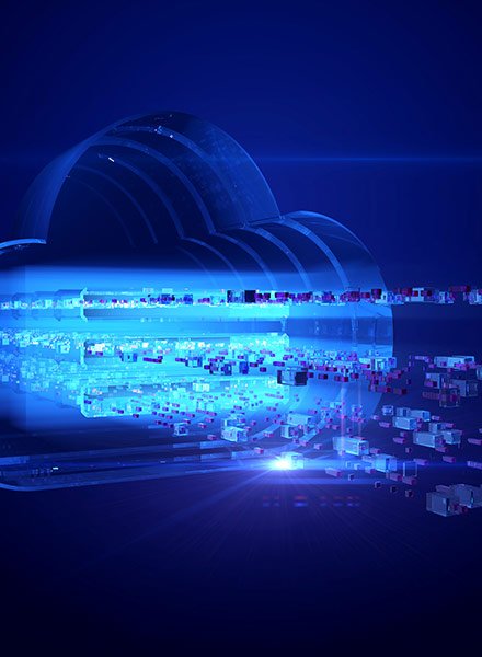 A cloud shaped 3D graphic with pieces of data flowing into it. A representation of cloud computing.