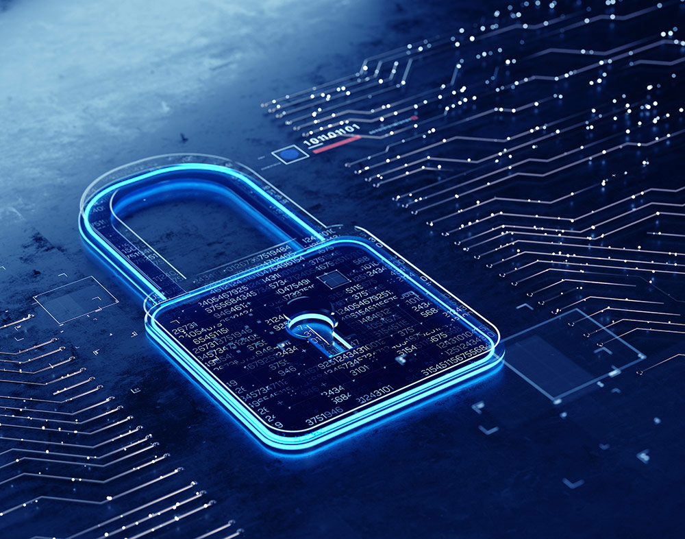 A digitally rendered lock on a faux circuit board, an abstract display of what digital security is.