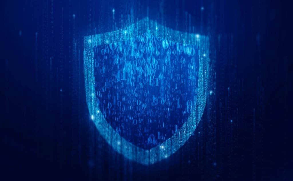 A digitally rendered shield made of blue binary