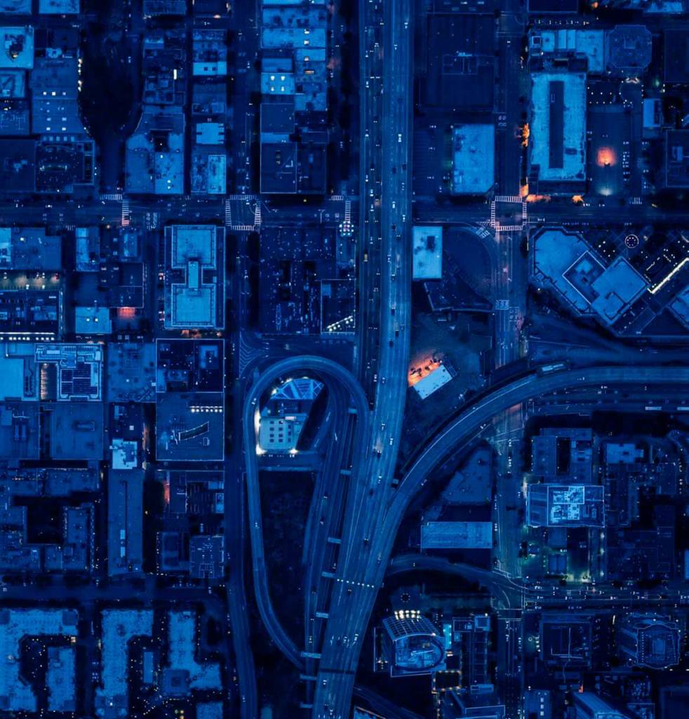 Aerial shot of a city at night time
