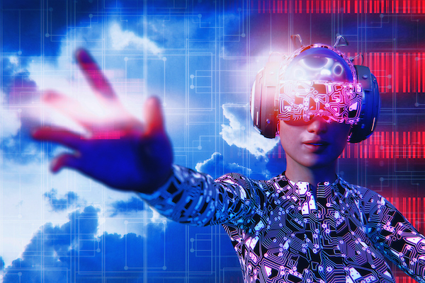 woman with virtual reality and gaming headset