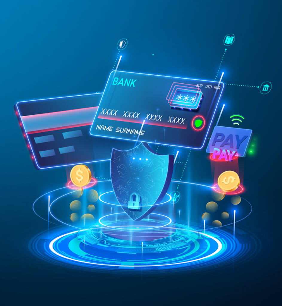 Projection of a credit card, on background of a billboard, money and payment. Target page for protection of online payments, online purchases using bank card.