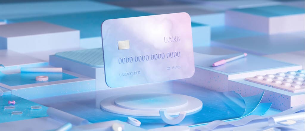 3d illustration of a credit card floating on circuits