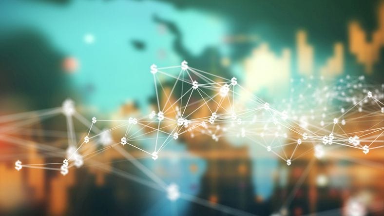 Secure payment processing network with interconnected nodes and dollar signs.