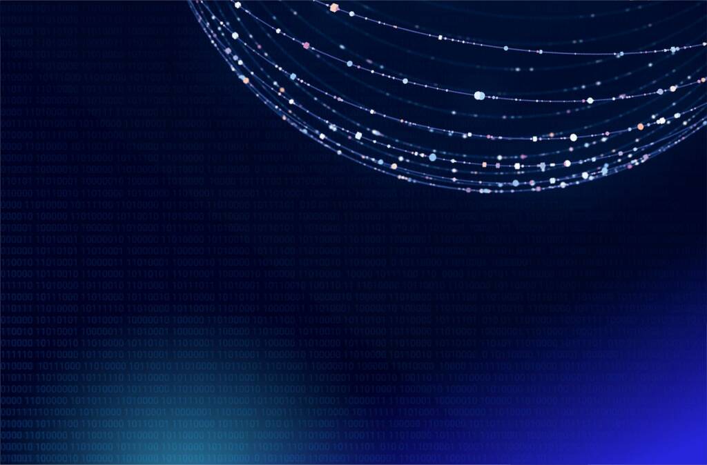 ACI Worldwide digital network with interconnected data streams and glowing lines representing secure.