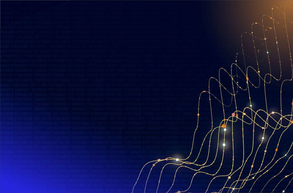 Advanced digital network visualization with interconnected data lines and glowing points.