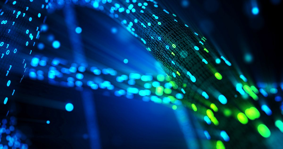 Digital data transmission with fiber optic cables and glowing lights.