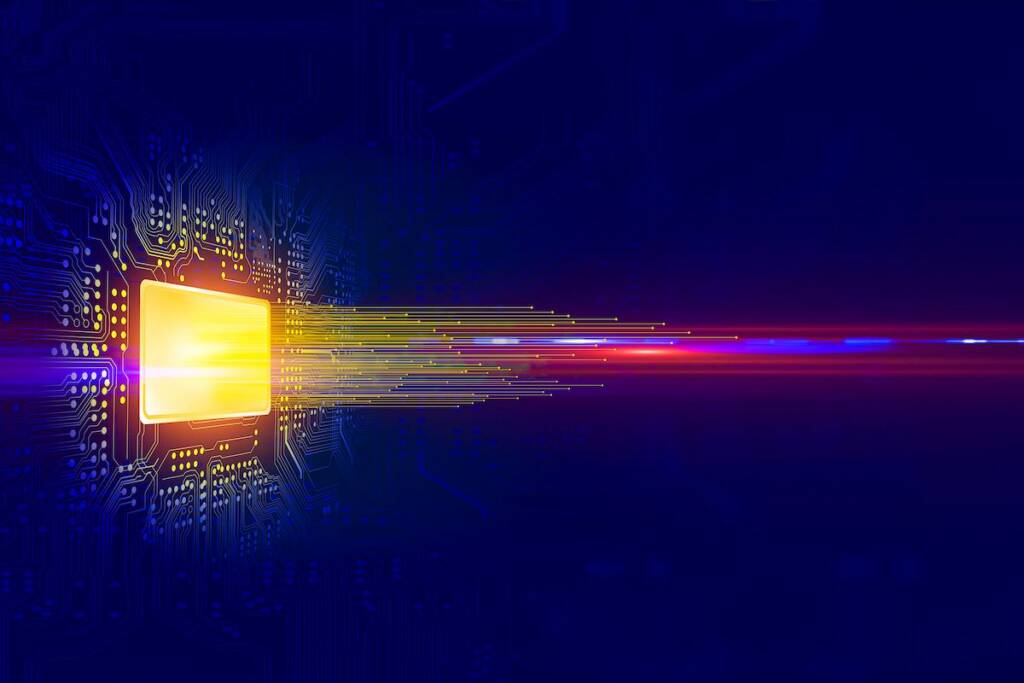 Futuristic digital data transfer with glowing chip and streaming lines.