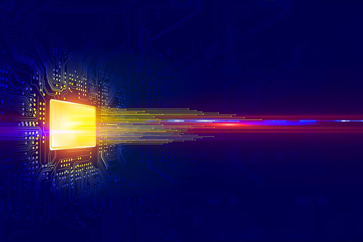 Futuristic digital data transfer with glowing chip and streaming lines.