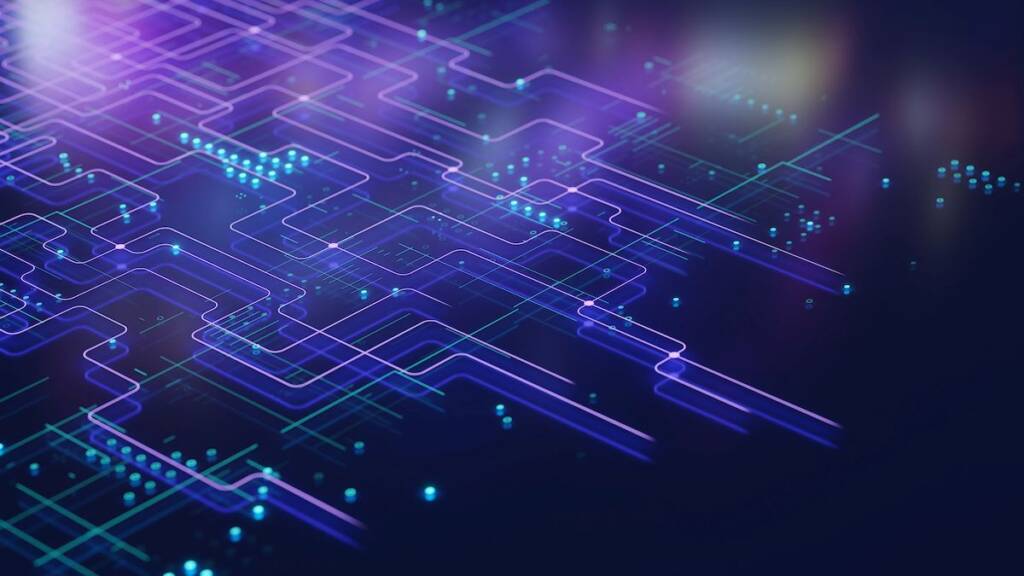 Futuristic digital circuit lines representing data flow and technology.