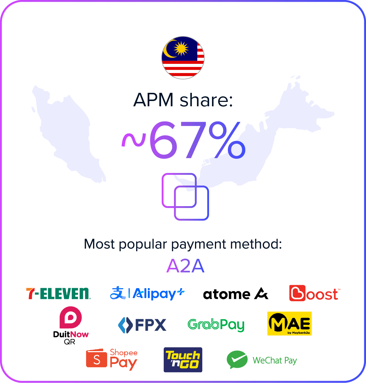 Malaysia's APM share is approximately 67%, with popular payment methods like GrabPay, Touch 'n Go, a.