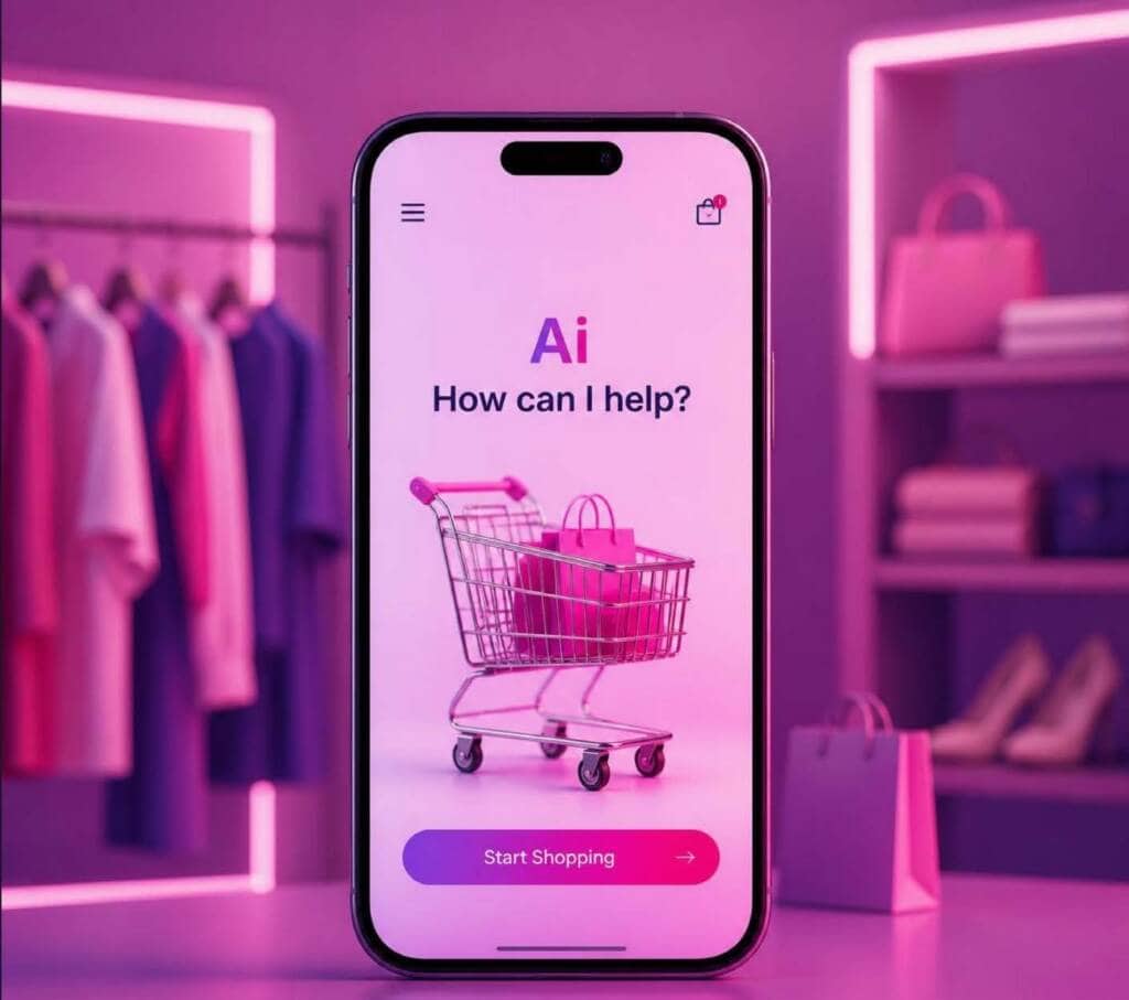 Smartphone screen displays AI shopping assistant in a retail store setting.