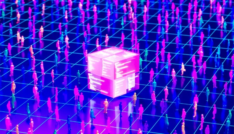 Digital network with a glowing cube at the center and interconnected figures.