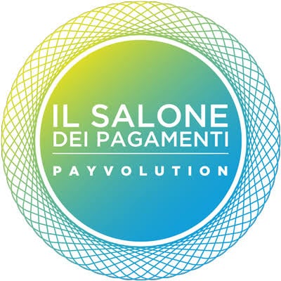 Circular logo with gradient blue to green, Italian text 'IL SALONE DEI PAGAMENTI' and 'PAYVOLUTION'.